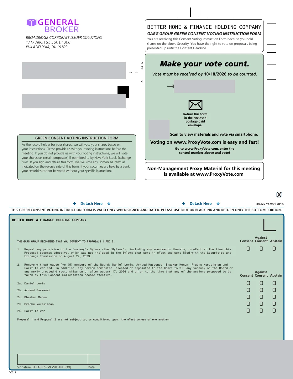 The GREEN Consent Voting Instruction Form, showing the consent, against consent and abstain columns for each proposal.